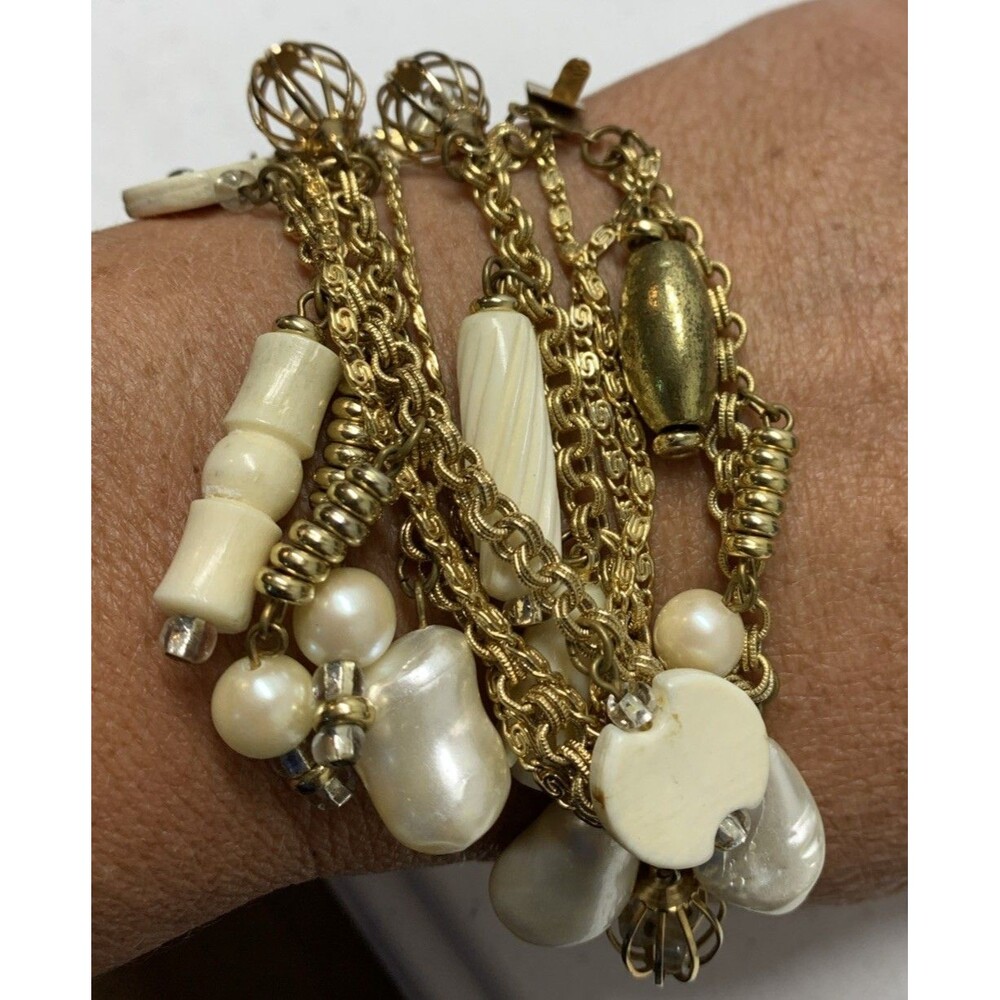 Vintage Charm Bracelet Gold Tone Faux Pearl Multi Strand 7”